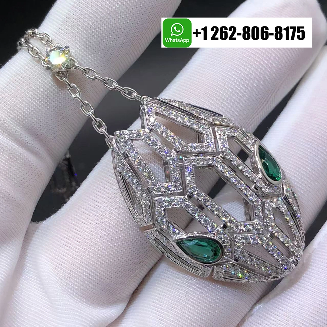 Bvlgari Serpenti Seduttori 18k White Gold Pavé Diamonds Pendant Necklace with Emerald Eyes 352752