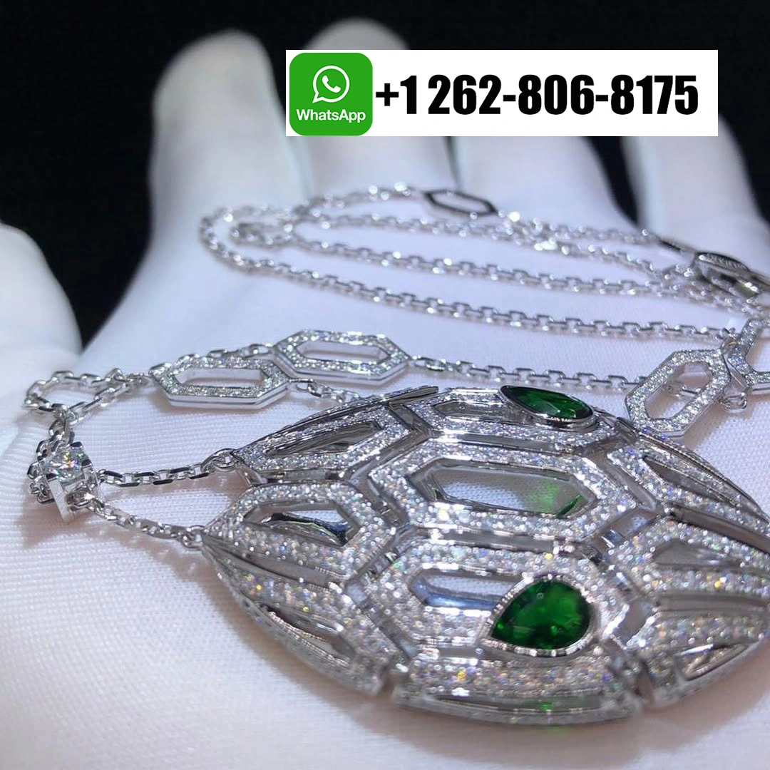 Bvlgari Serpenti Seduttori 18k White Gold Pavé Diamonds Pendant Necklace with Emerald Eyes 352752