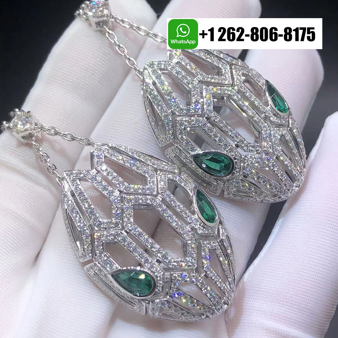 Bvlgari Serpenti Seduttori 18k White Gold Pavé Diamonds Pendant Necklace with Emerald Eyes 352752