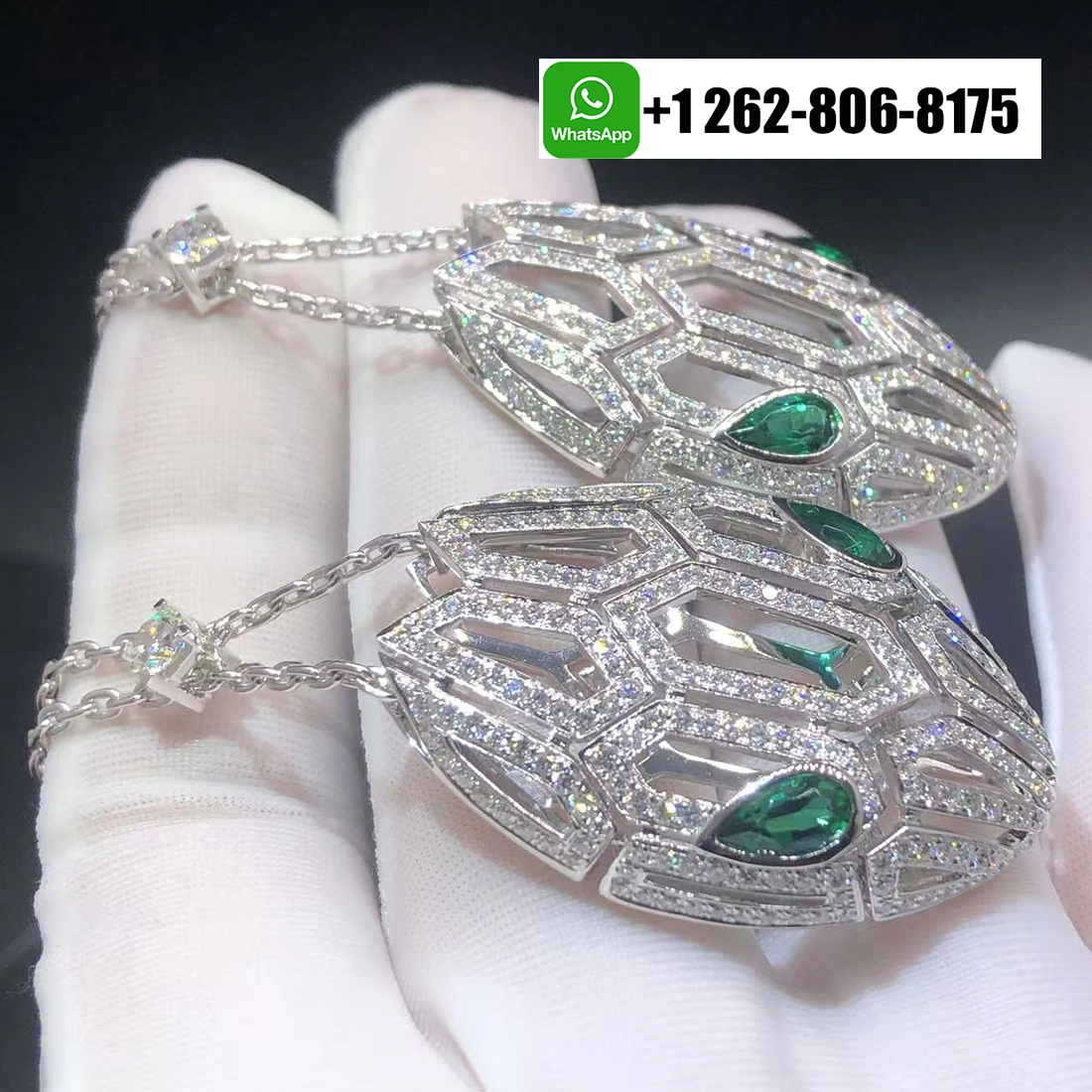 Bvlgari Serpenti Seduttori 18k White Gold Pavé Diamonds Pendant Necklace with Emerald Eyes 352752