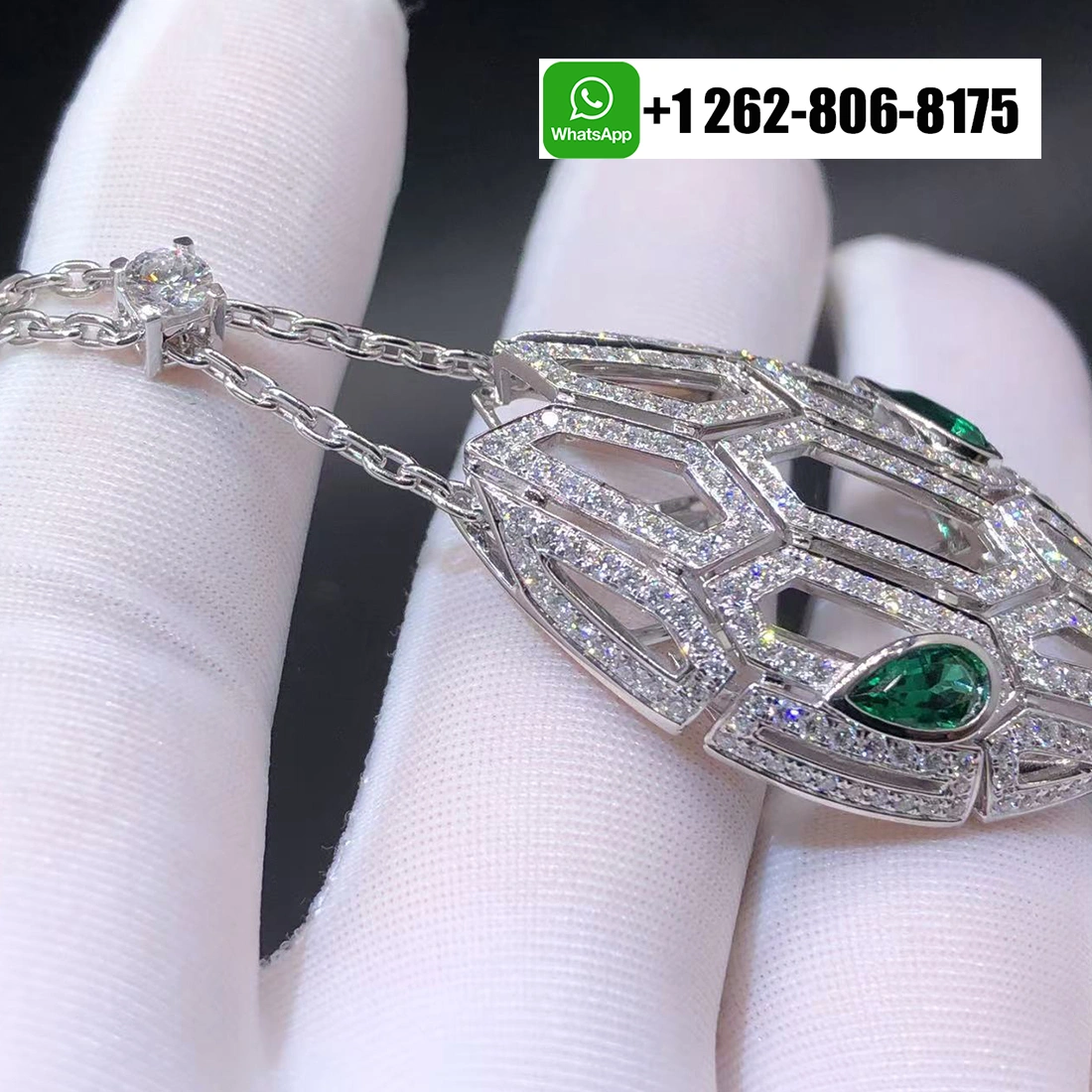 Bvlgari Serpenti Seduttori 18k White Gold Pavé Diamonds Pendant Necklace with Emerald Eyes 352752