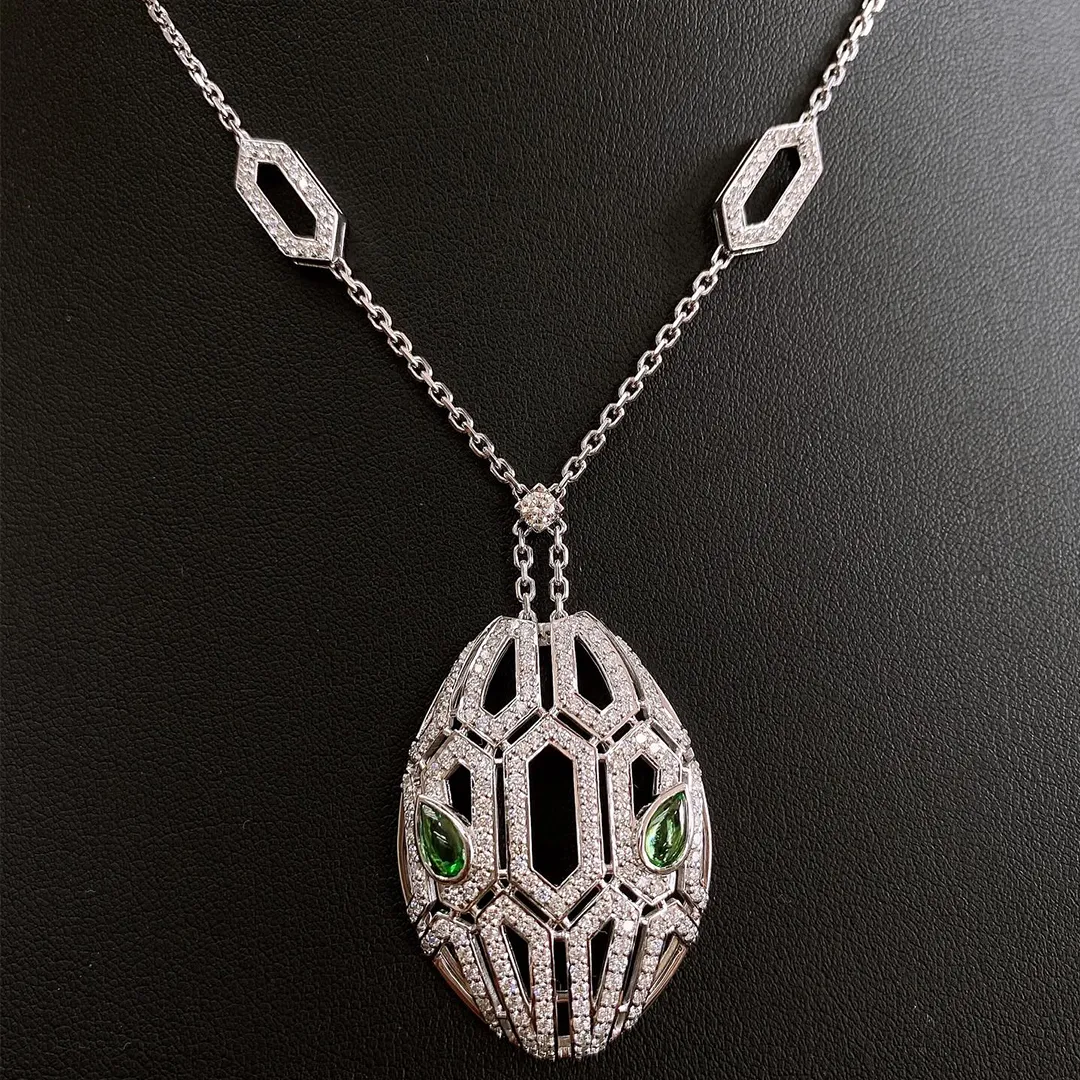 Bvlgari Serpenti Seduttori 18k White Gold Pavé Diamonds Pendant Necklace with Emerald Eyes 352752