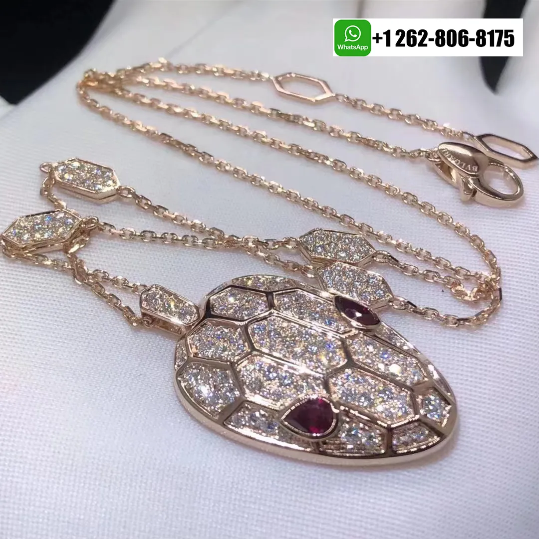 Bvlgari Serpenti Seduttori Pave Diamond Rubellite 18K Rose Gold Pendant Necklace 352725