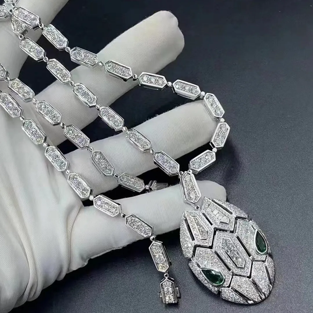 Bvlgari Serpenti Seduttori Pave Diamonds 18k White Gold Necklace with Emerald Eyes