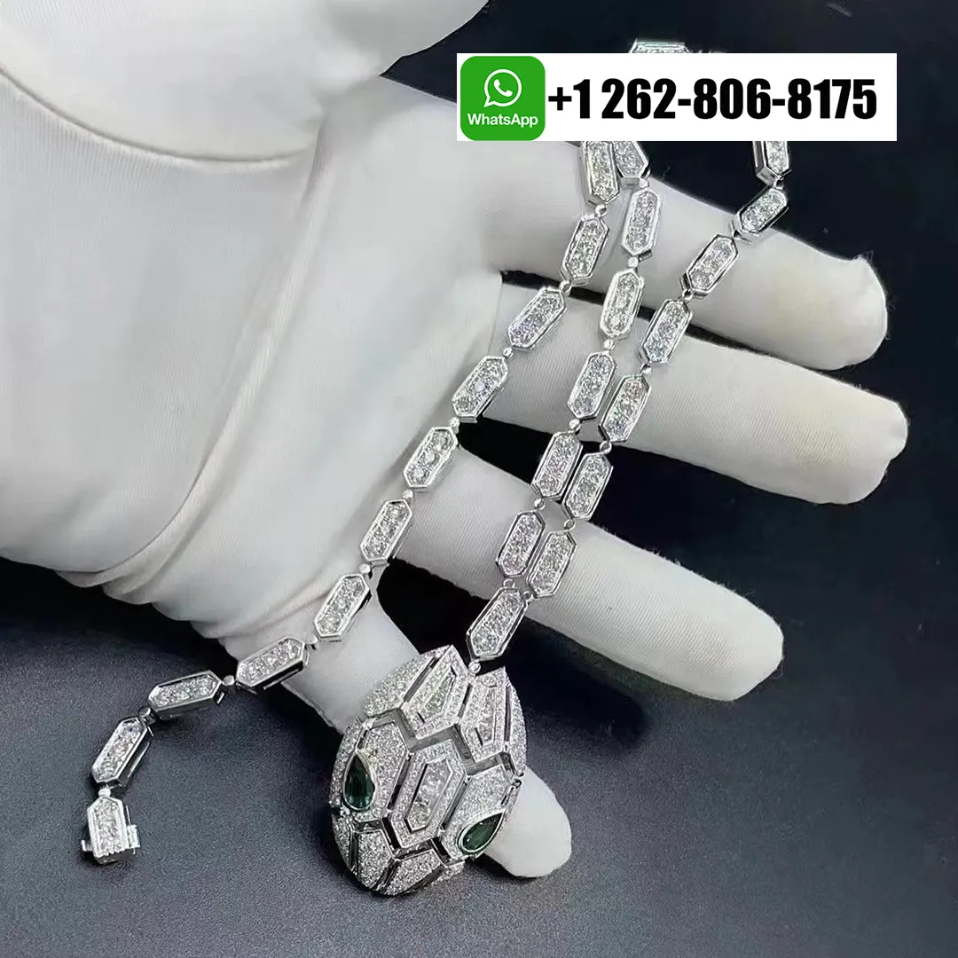 Bvlgari Serpenti Seduttori Pave Diamonds 18k White Gold Necklace with Emerald Eyes