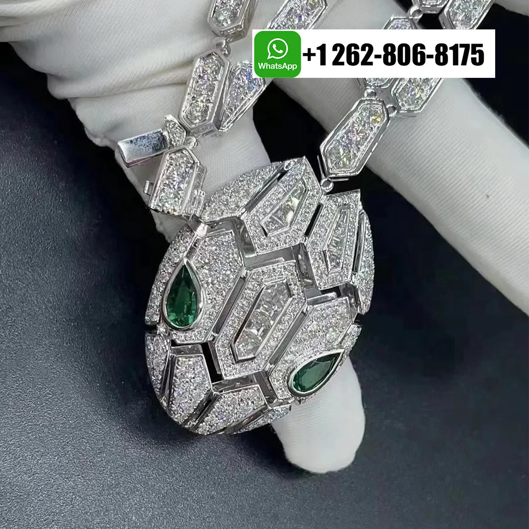 Bvlgari Serpenti Seduttori Pave Diamonds 18k White Gold Necklace with Emerald Eyes