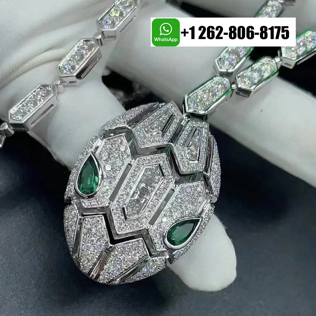 Bvlgari Serpenti Seduttori Pave Diamonds 18k White Gold Necklace with Emerald Eyes
