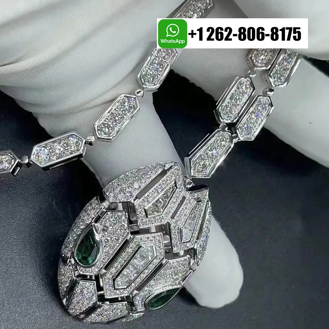 Bvlgari Serpenti Seduttori Pave Diamonds 18k White Gold Necklace with Emerald Eyes