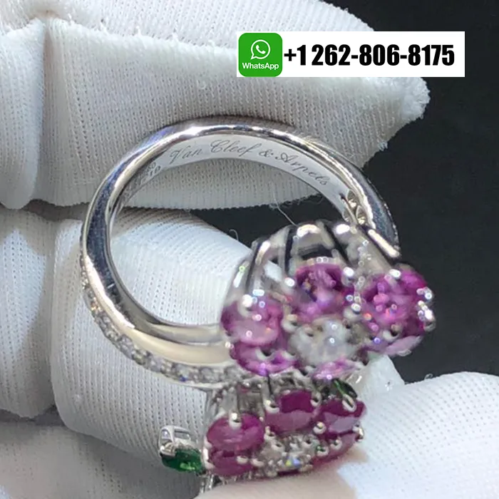Van Cleef & Arpels Folie des Près Pink Sapphire,Tsavorite, Diamond Ring in 18k White Gold