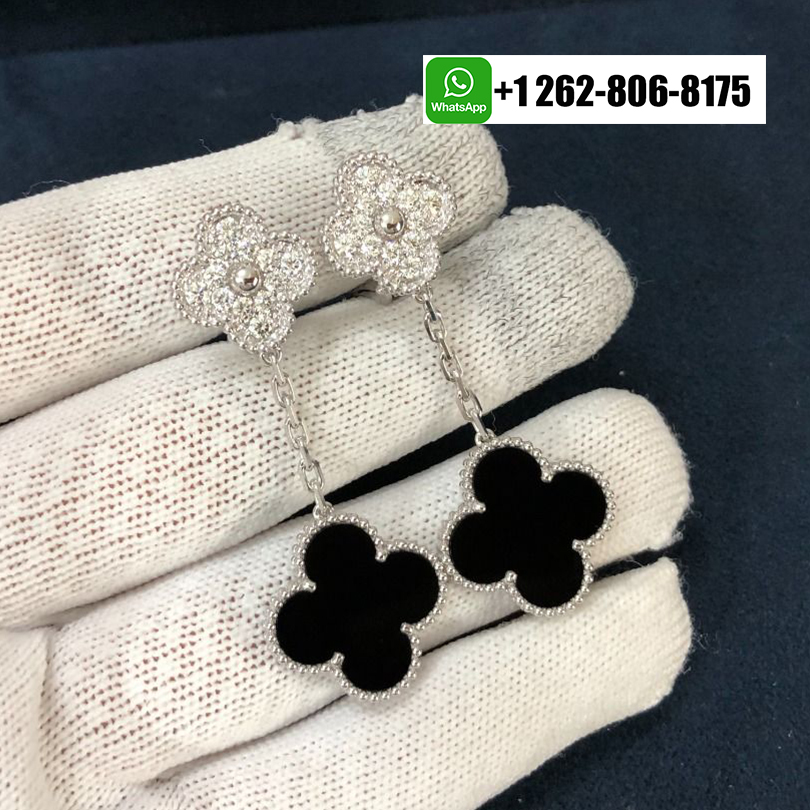 Van Cleef & Arpels Magic Alhambra 2 Motifs Onyx Diamond Earrings 18K White Gold VCARP2RA00