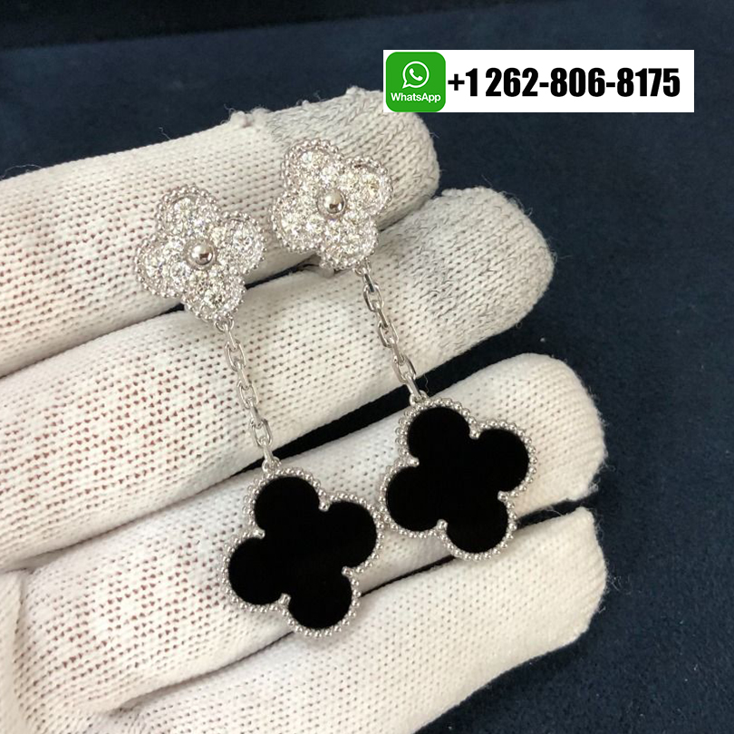 Van Cleef & Arpels Magic Alhambra 2 Motifs Onyx Diamond Earrings 18K White Gold VCARP2RA00