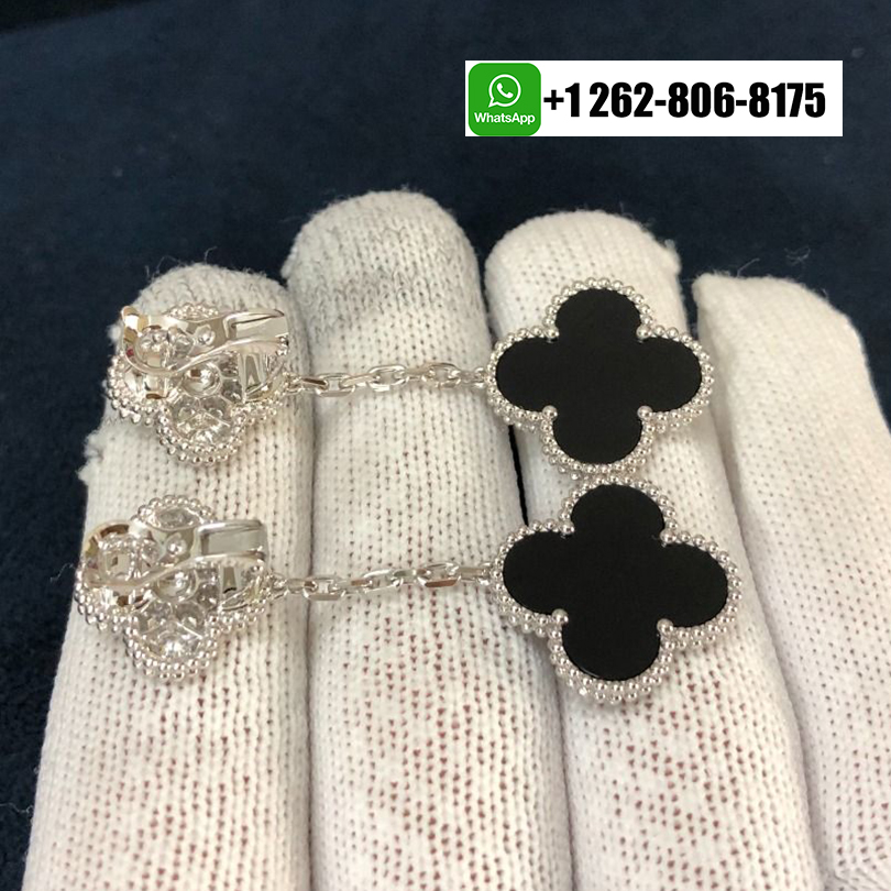 Van Cleef & Arpels Magic Alhambra 2 Motifs Onyx Diamond Earrings 18K White Gold VCARP2RA00