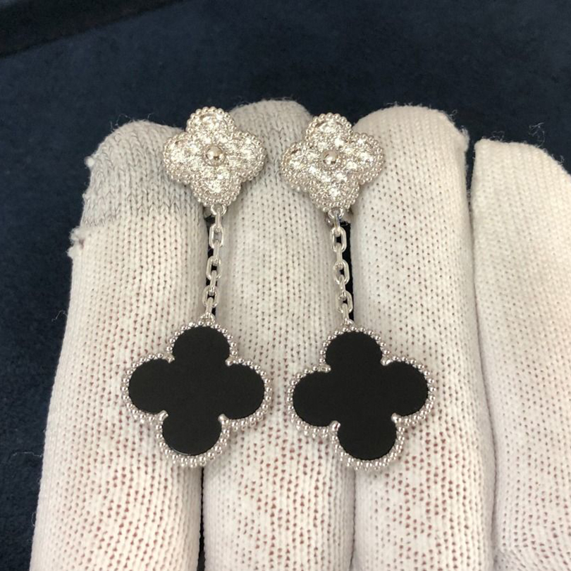 Van Cleef & Arpels Magic Alhambra 2 Motifs Onyx Diamond Earrings 18K White Gold VCARP2RA00