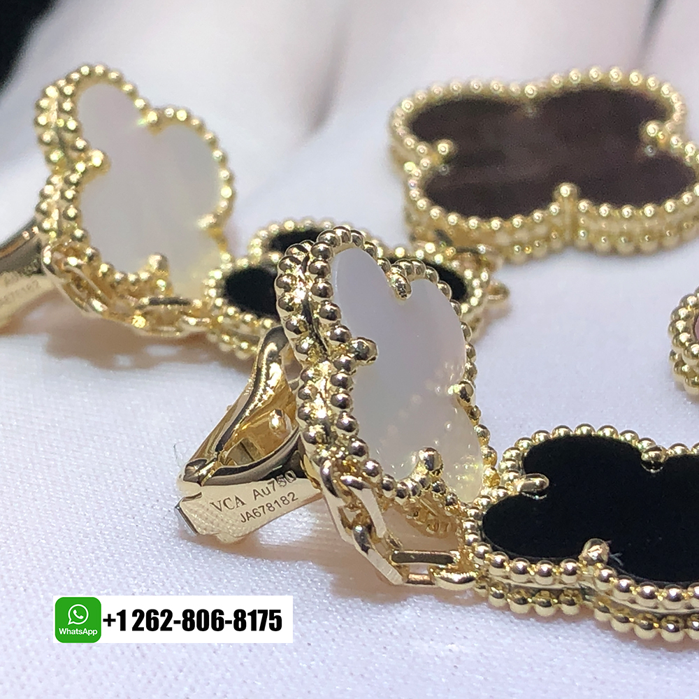 Van Cleef & Arpels Magic Alhambra 3 Motif 18k Yellow Gold Drop Earrings with Mother-Of-Pearl and Black Onyx VCARD79000