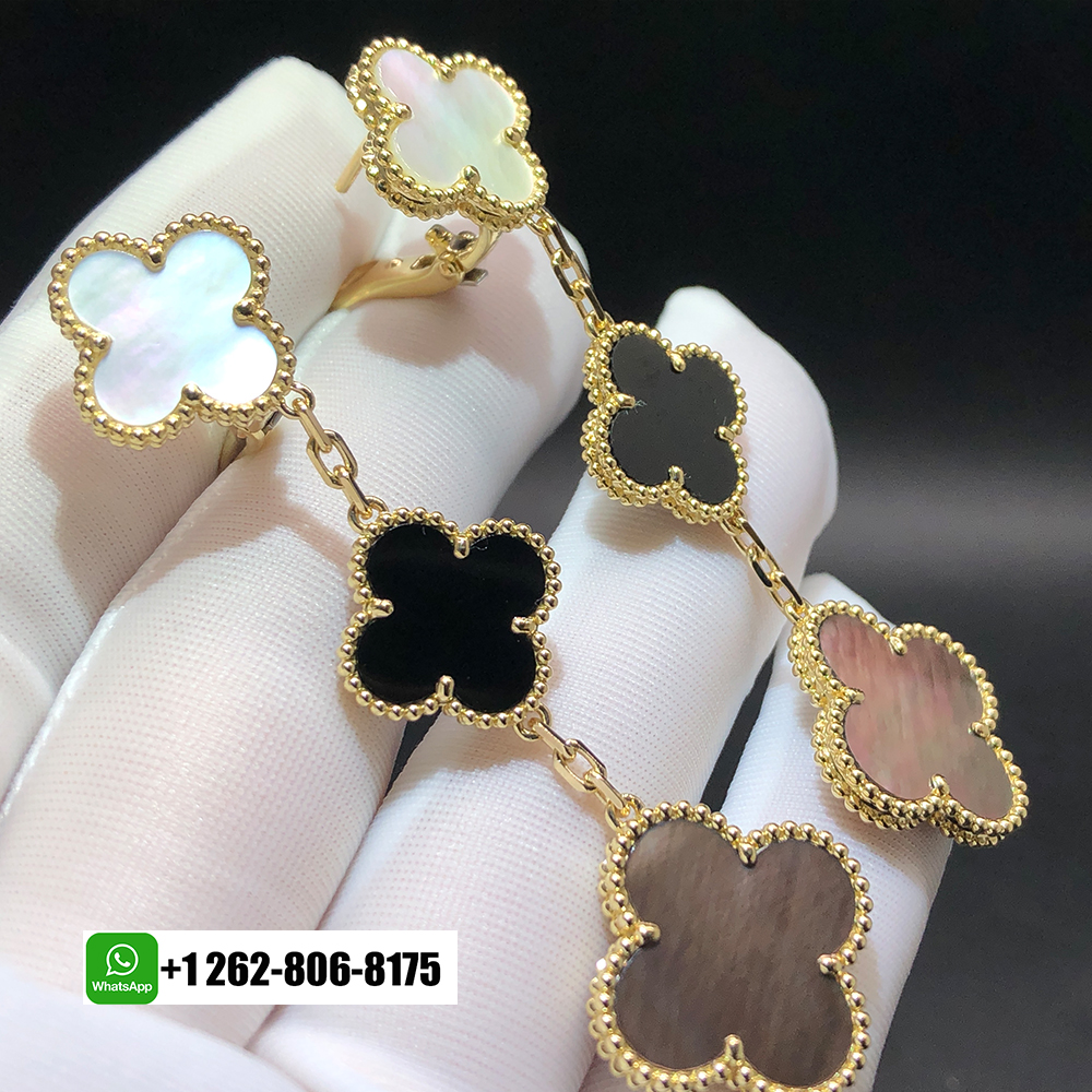 Van Cleef & Arpels Magic Alhambra 3 Motif 18k Yellow Gold Drop Earrings with Mother-Of-Pearl and Black Onyx VCARD79000