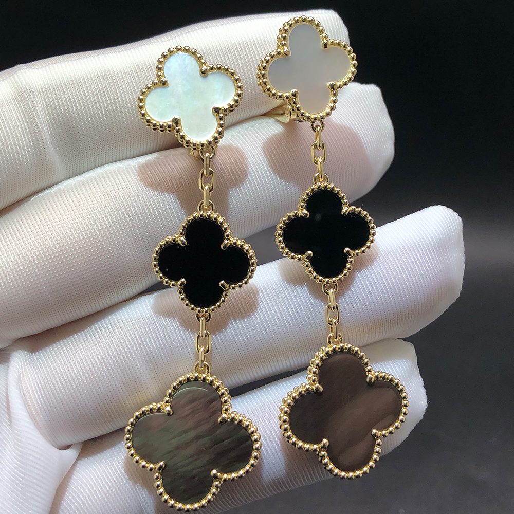 Van Cleef & Arpels Magic Alhambra 3 Motif 18k Yellow Gold Drop Earrings with Mother-Of-Pearl and Black Onyx VCARD79000