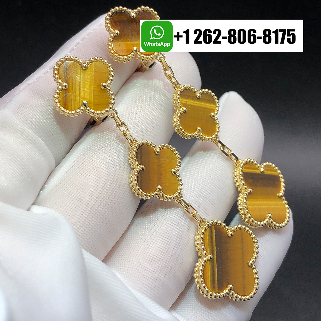 Van Cleef & Arpels Magic Alhambra 3 Motifs Tiger Eye Earrings 18k Yellow Gold