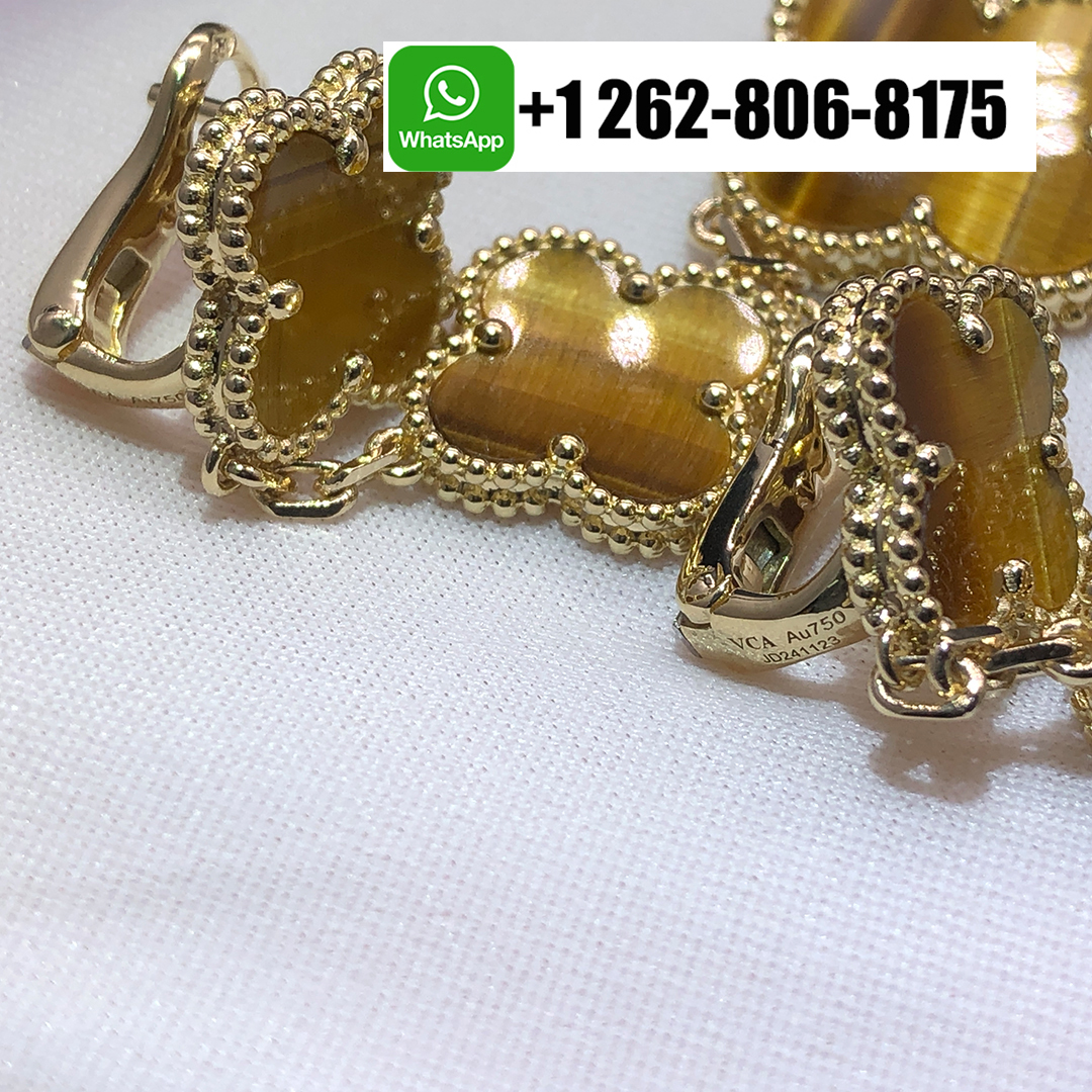 Van Cleef & Arpels Magic Alhambra 3 Motifs Tiger Eye Earrings 18k Yellow Gold