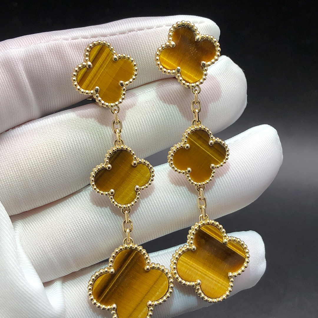 Van Cleef & Arpels Magic Alhambra 3 Motifs Tiger Eye Earrings 18k Yellow Gold