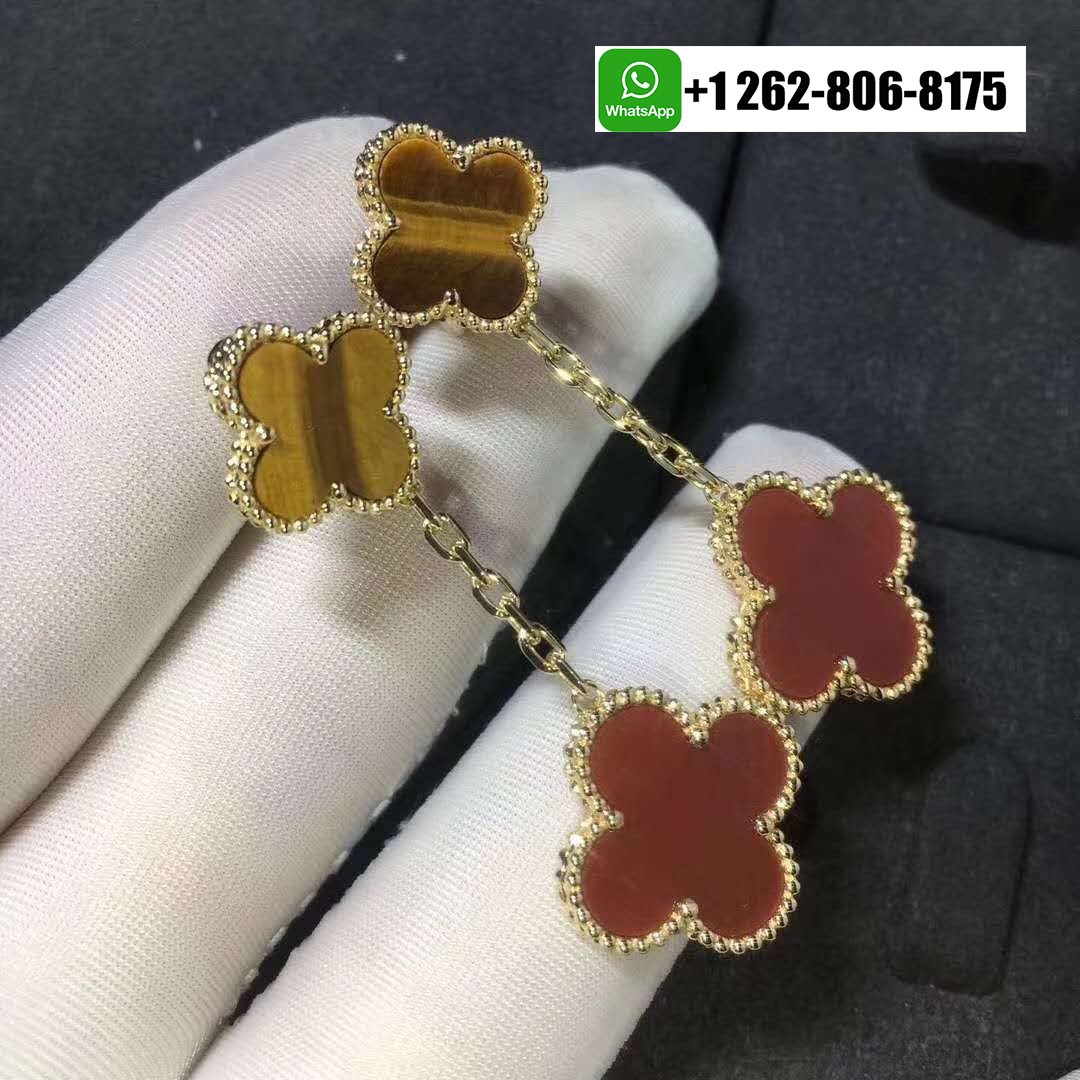 Van Cleef & Arpels Magic Alhambra Carnelian and Tiger Eye 2 Motifs Earrings 18k Yellow Gold VCARN5JR00