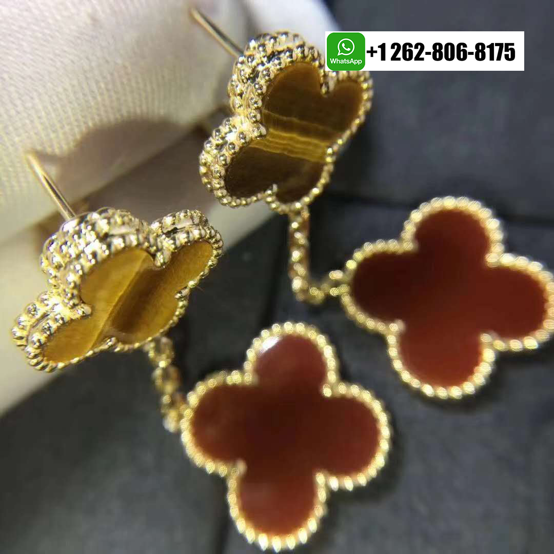 Van Cleef & Arpels Magic Alhambra Carnelian and Tiger Eye 2 Motifs Earrings 18k Yellow Gold VCARN5JR00