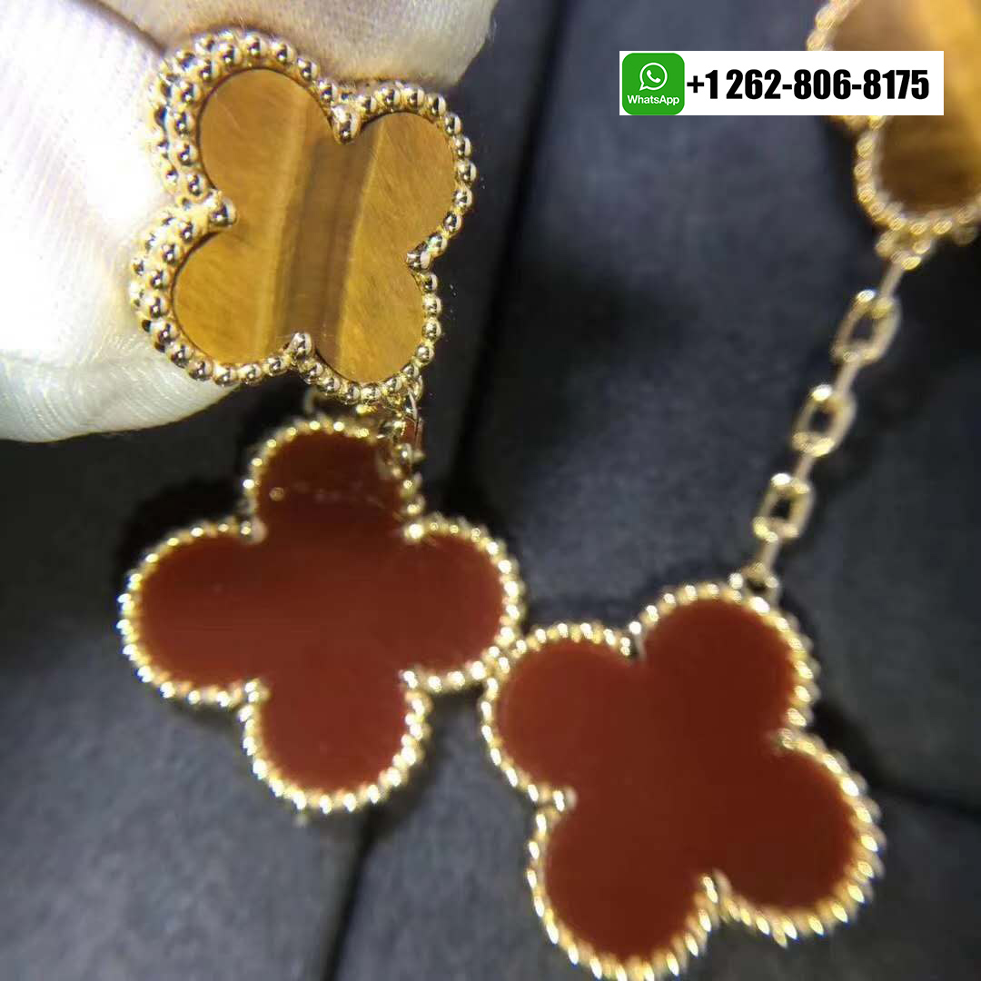 Van Cleef & Arpels Magic Alhambra Carnelian and Tiger Eye 2 Motifs Earrings 18k Yellow Gold VCARN5JR00