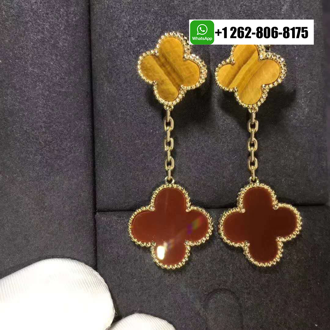Van Cleef & Arpels Magic Alhambra Carnelian and Tiger Eye 2 Motifs Earrings 18k Yellow Gold VCARN5JR00