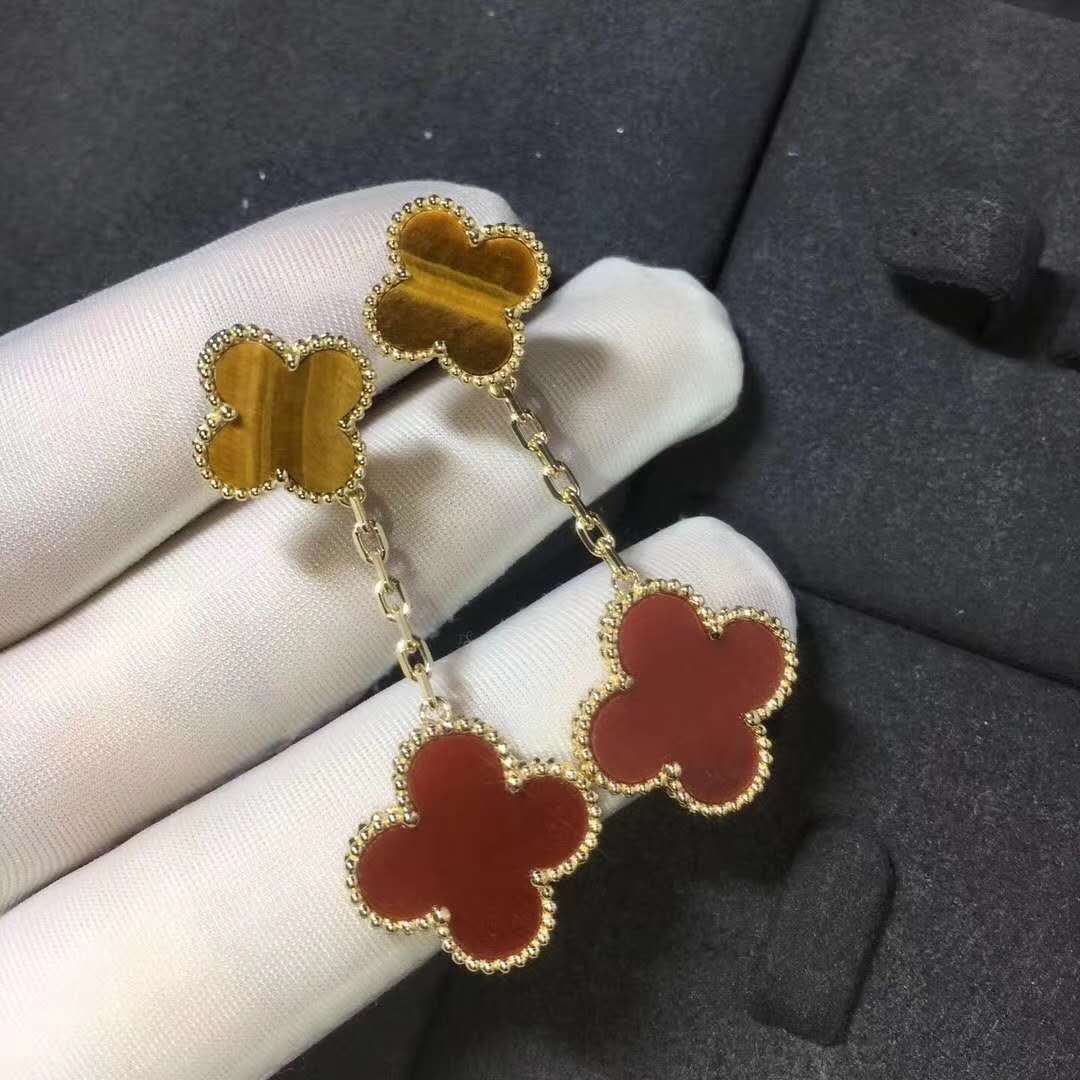 Van Cleef & Arpels Magic Alhambra Carnelian and Tiger Eye 2 Motifs Earrings 18k Yellow Gold VCARN5JR00