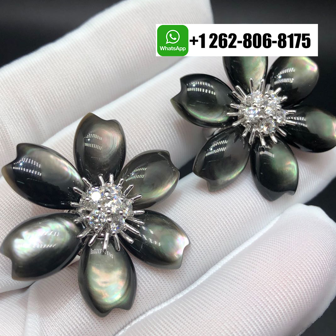 Van Cleef & Arpels Rose De Noel Diamond Mother-of-Pearl 18k White Gold Small Model Flower Earrings VCARA54600