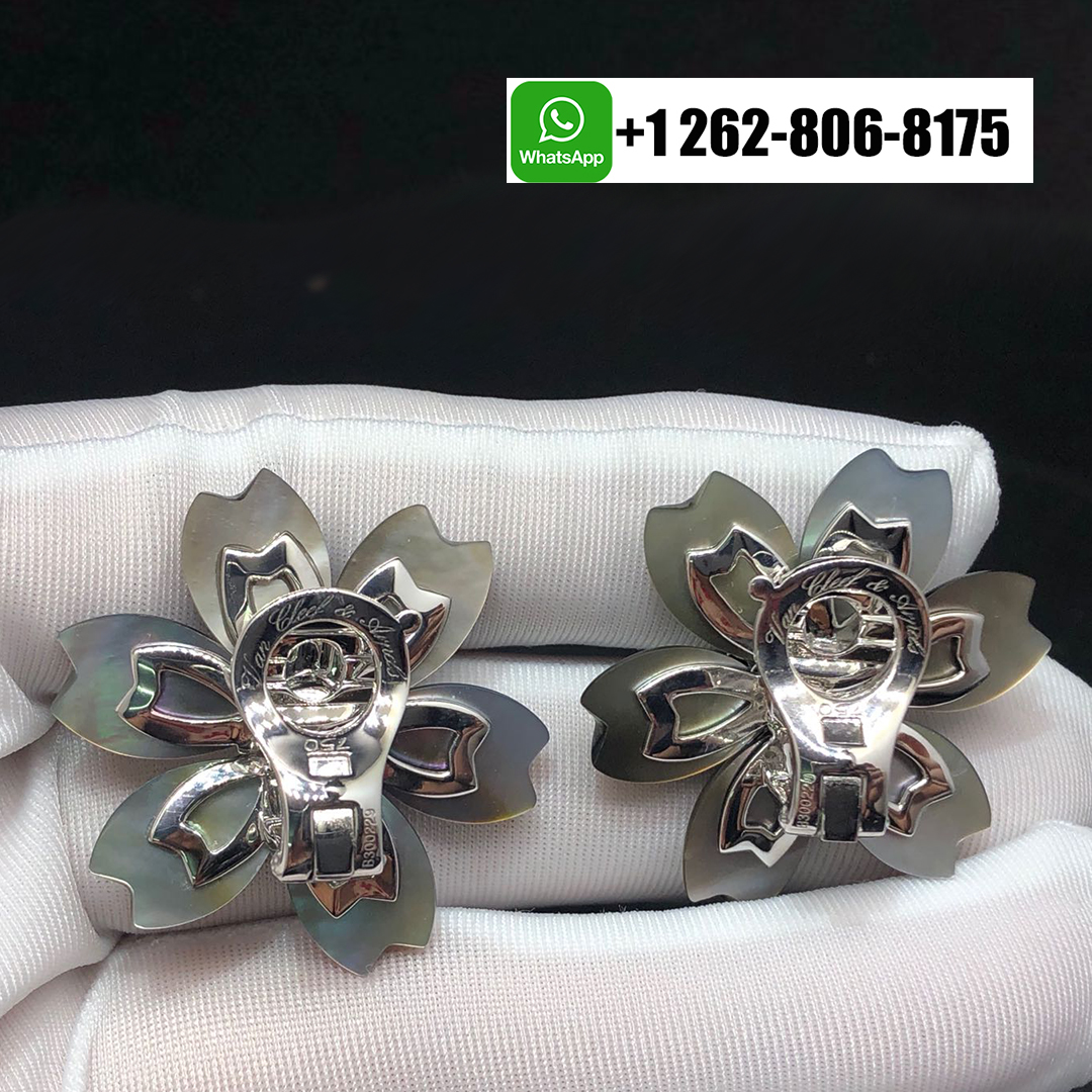 Van Cleef & Arpels Rose De Noel Diamond Mother-of-Pearl 18k White Gold Small Model Flower Earrings VCARA54600