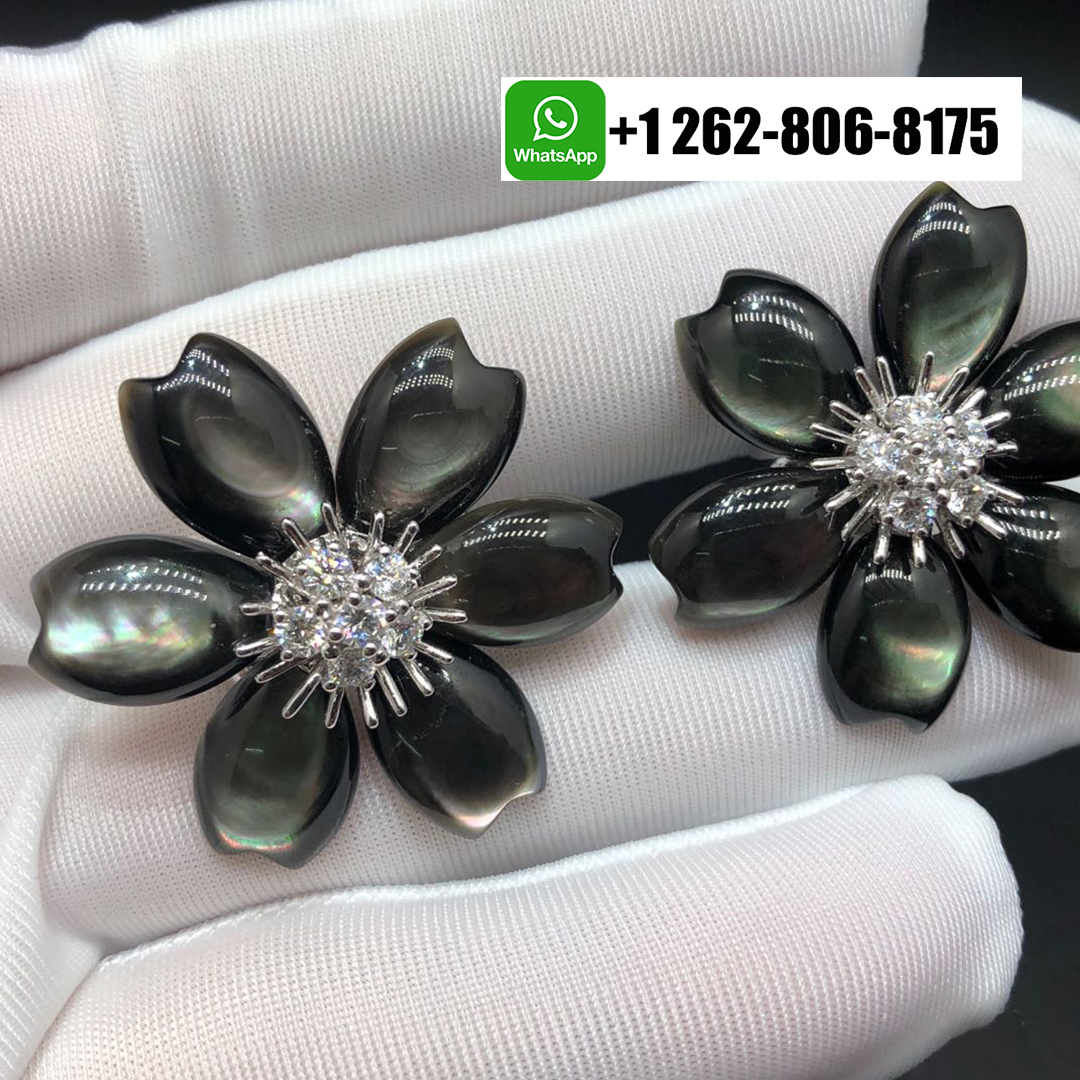Van Cleef & Arpels Rose De Noel Diamond Mother-of-Pearl 18k White Gold Small Model Flower Earrings VCARA54600