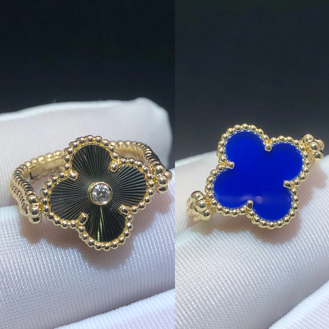 Van Cleef & Arpels Vintage Alhambra Reversible Blue Agate Diamond Guilloche Gold Ring 18k Yellow Gold VCARPGV100