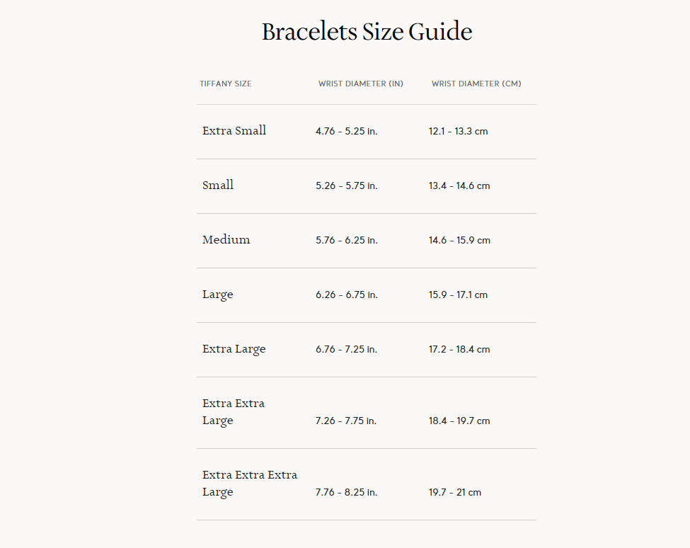 tiffany bracelet size chart