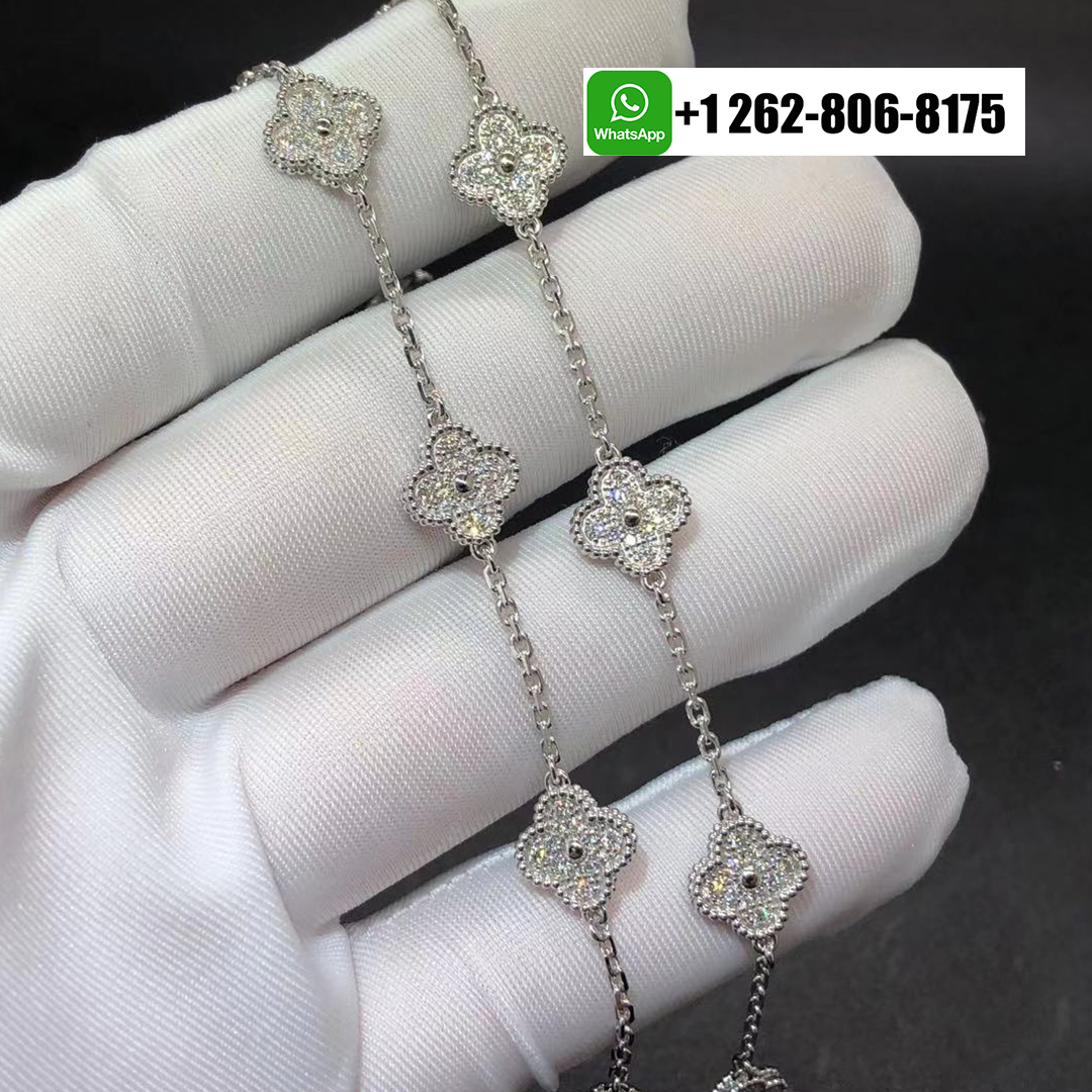 Van Cleef & Arpels 18k White Gold Pave Diamond Sweet Alhambra 6 Motif Bracelet VCARO85700
