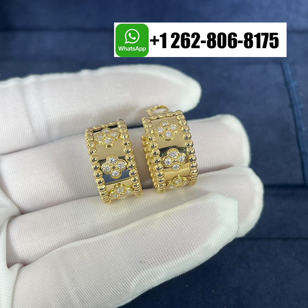 Van Cleef & Arpels 18k Yellow Gold Perlée Clovers Hoop Earrings with Diamonds VCARO3YE00