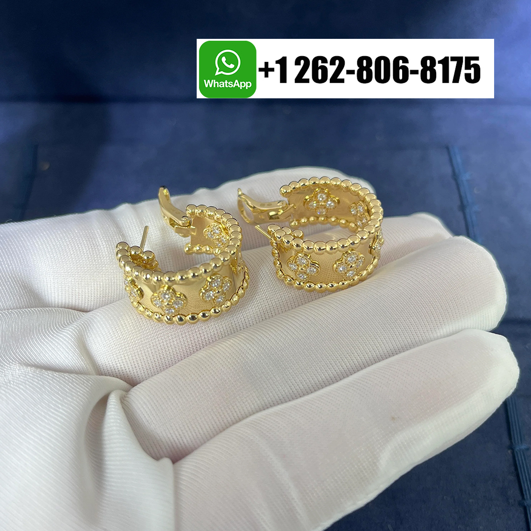 Van Cleef & Arpels 18k Yellow Gold Perlée Clovers Hoop Earrings with Diamonds VCARO3YE00