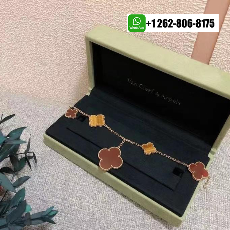 Van Cleef & Arpels Magic Alhambra 5 Motif Tiger’s Eye and Carnelian Bracelet 18k Yellow Gold