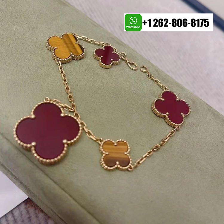 Van Cleef & Arpels Magic Alhambra 5 Motif Tiger’s Eye and Carnelian Bracelet 18k Yellow Gold