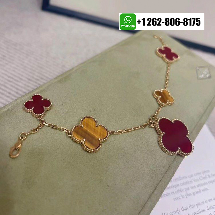 Van Cleef & Arpels Magic Alhambra 5 Motif Tiger’s Eye and Carnelian Bracelet 18k Yellow Gold