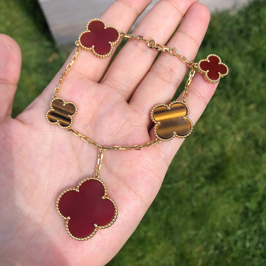 Van Cleef & Arpels Magic Alhambra 5 Motif Tiger’s Eye and Carnelian Bracelet 18k Yellow Gold