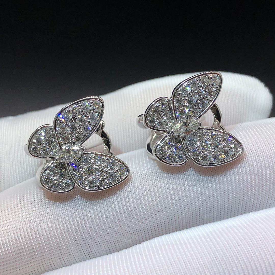 Van Cleef & Arpels Two Butterfly Pave Diamond Earrings in 18k White Gold VCARB82900