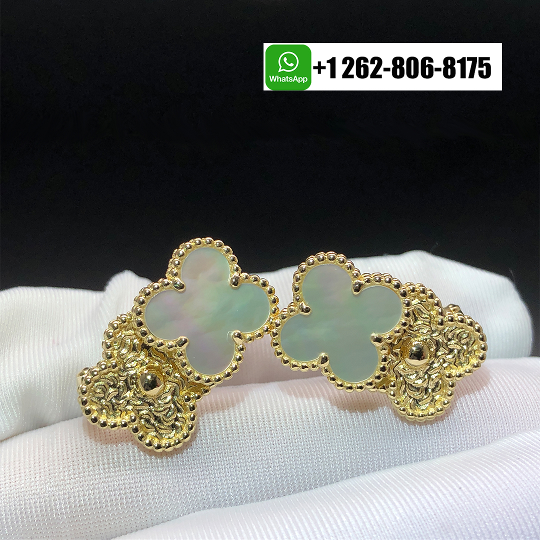 Van Cleef & Arpels Vintage Alhambra Doulbe Clovers 18k Yellow Gold Mother of Pearl Earrings