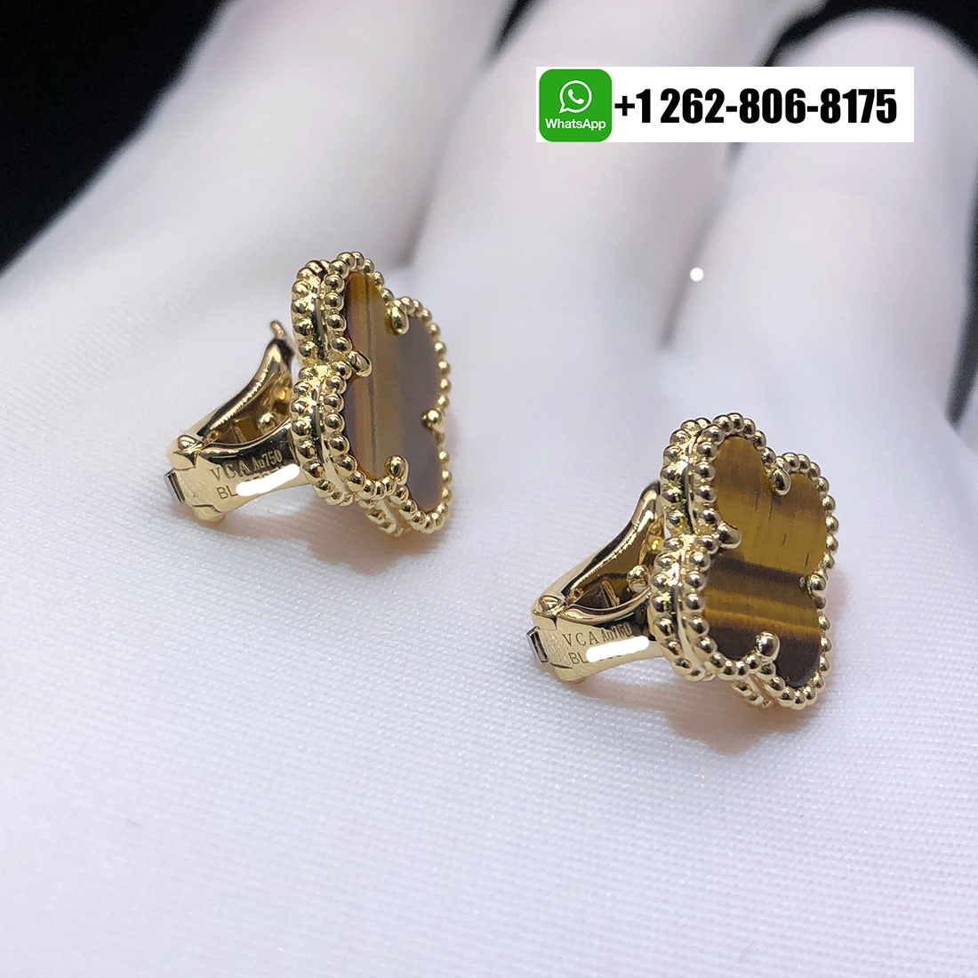 Van Cleef & Arpels Vintage Alhambra Tigers Eye 18k Yellow Gold Earrings VCARD40500