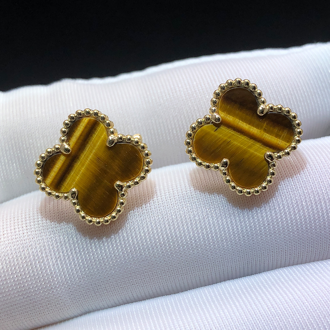 Van Cleef & Arpels Vintage Alhambra Tigers Eye 18k Yellow Gold Earrings VCARD40500